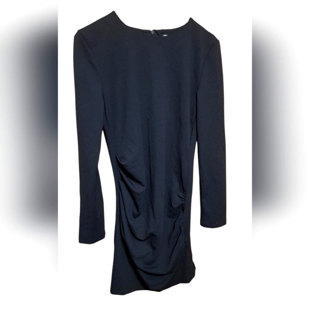 Zara Black Mini Dress Long Sleeves Side Ruching Stretchy Medium